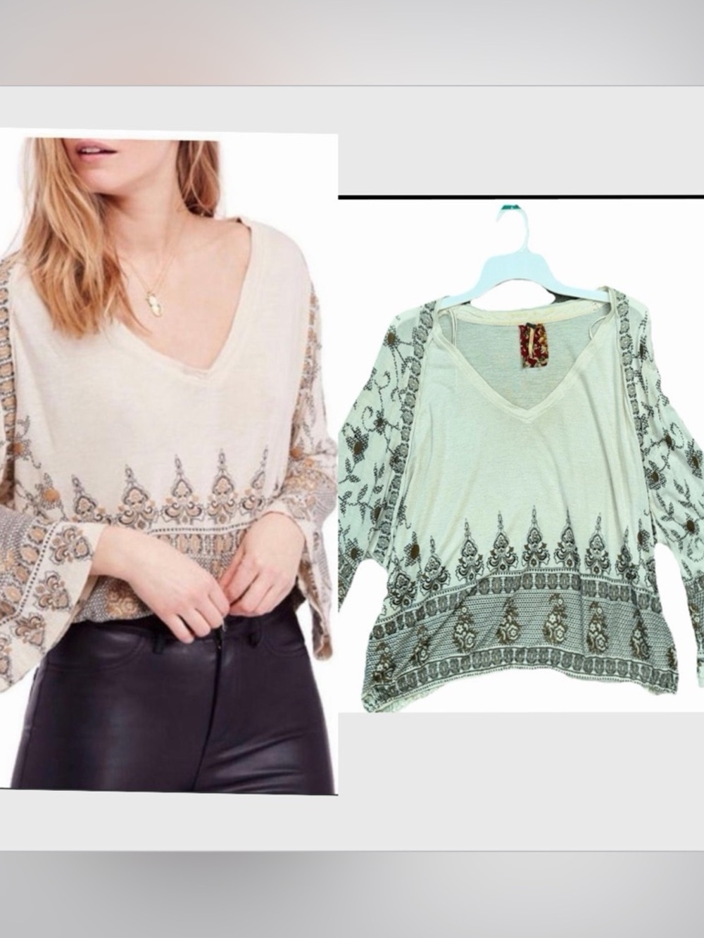 FREE PEOPLE Women’s Neutral Medallion Print Top Knit V-Neck MEDIUM